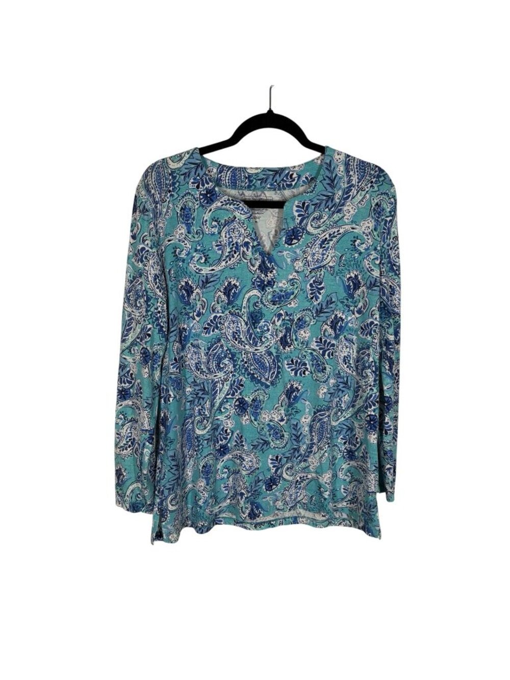 Coolibar Women XL Turquoise Blue Paisley UPF 50+ Split V-Neck Long Sleeve Top